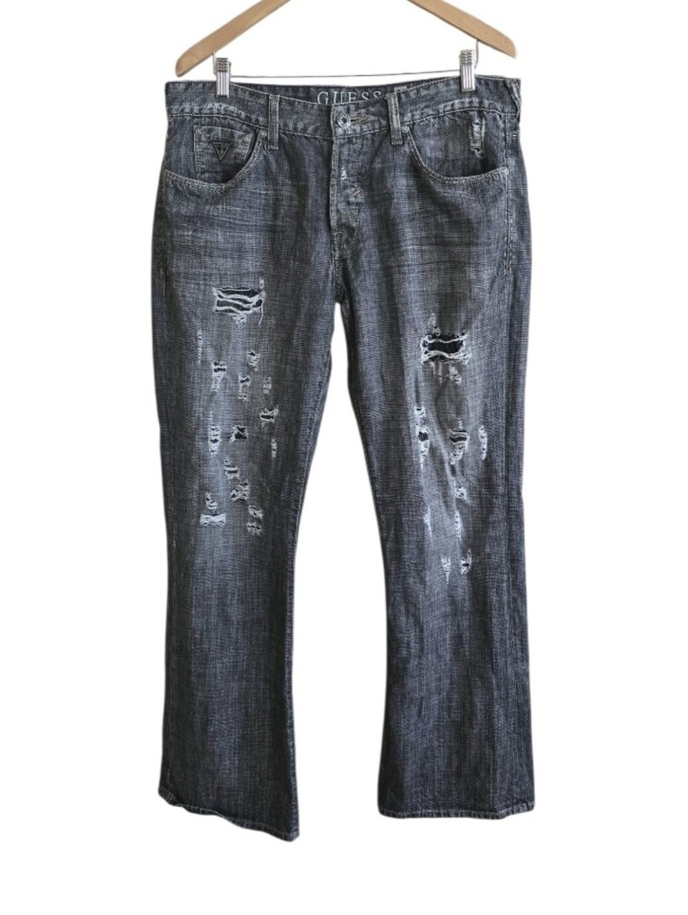 Vintage Guess Falcon Men's Y2K Distressed Button Fly Charcoal Jeans. Size 36x32